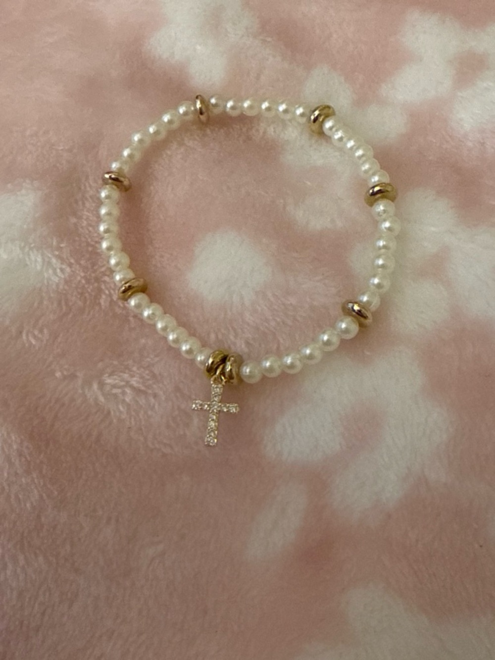 Pearl Beaded Bracelet with Gold Cross Charm